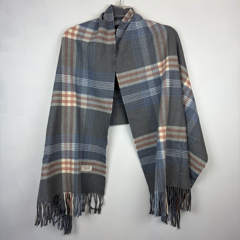 100% Cashmere Large Scarf Womens Blue Plaid Fringe Travel Luxury Soft Wrap Money